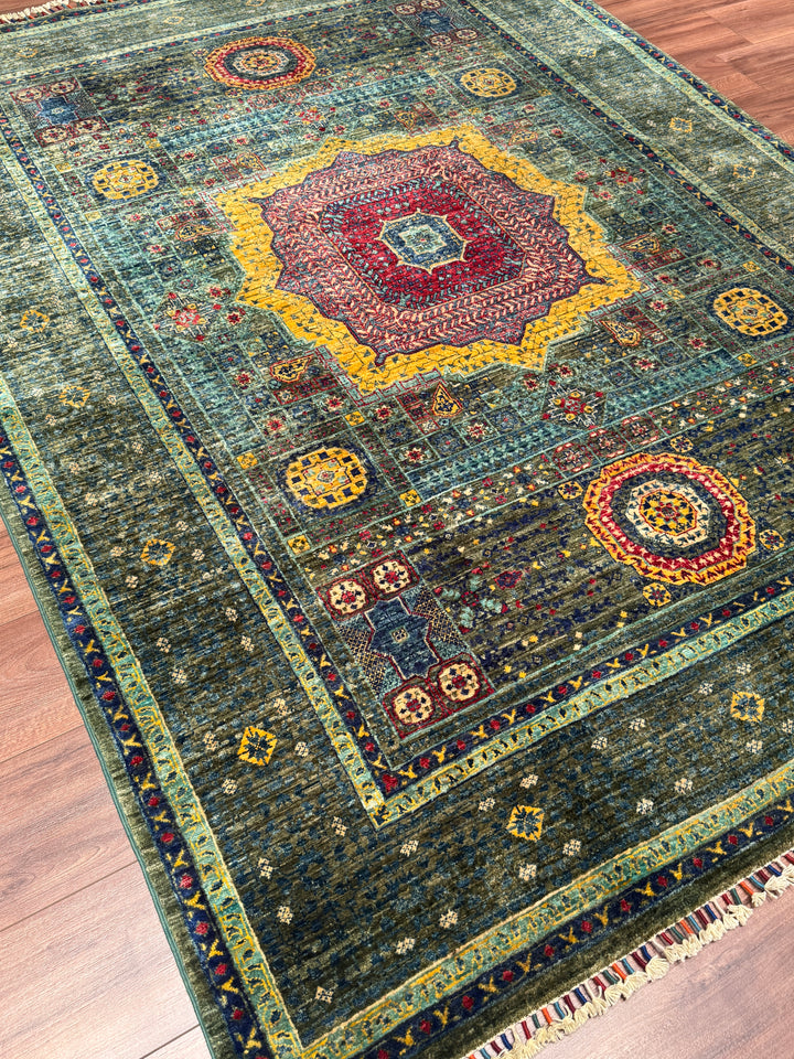Memlük Orijinal El Dokuması Yeşil Kök Boya Yün Halı 179x240 4.30 Metrekare - 5x8 ft