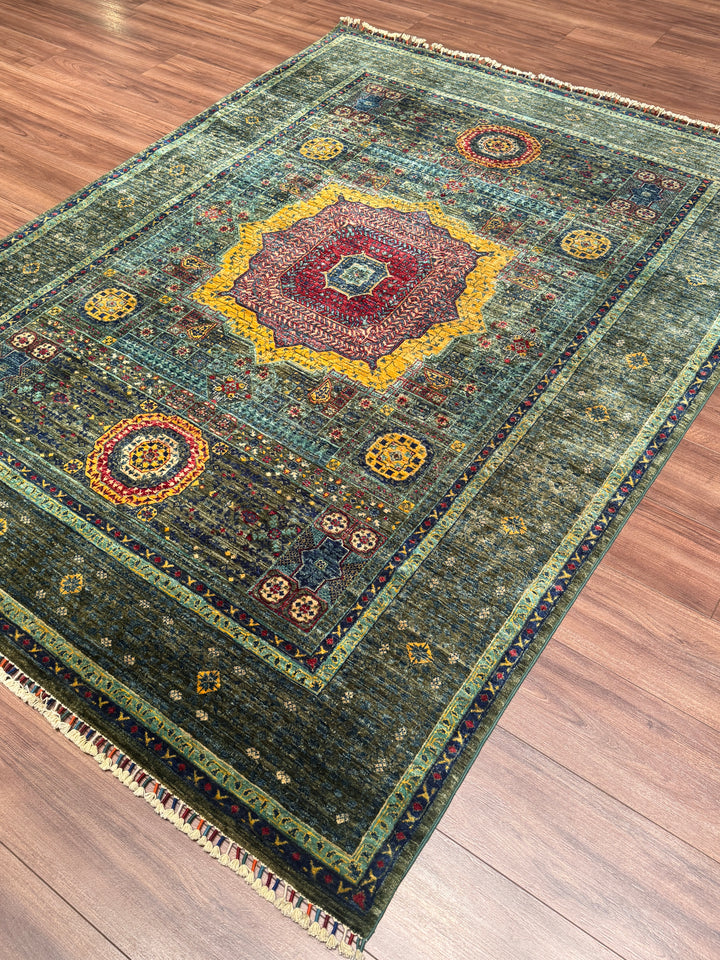Memlük Orijinal El Dokuması Yeşil Kök Boya Yün Halı 179x240 4.30 Metrekare - 5x8 ft