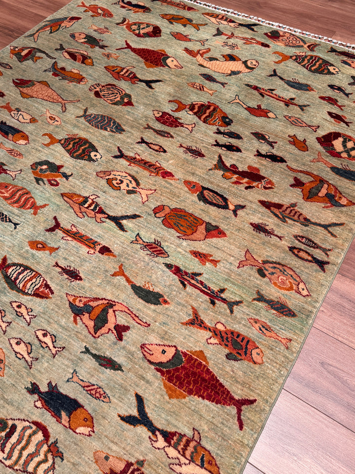 Balık Orijinal El Dokuması Yeşil Kök Boya Yün Halı 171x232 3.97 Metrekare - 6x8 ft