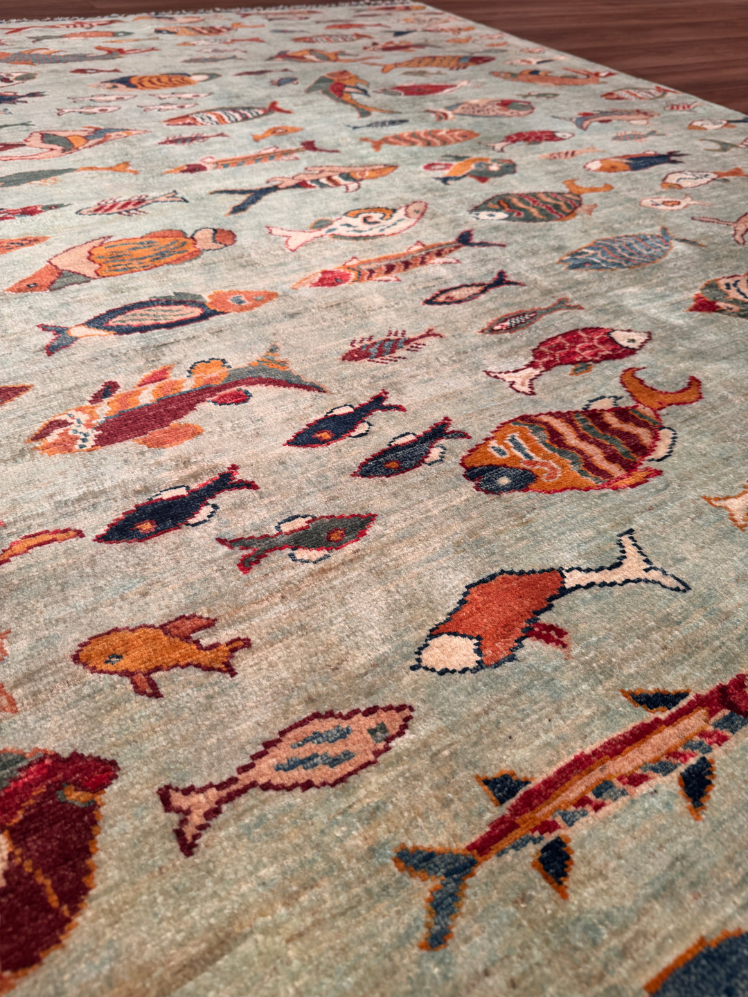 Balık Orijinal El Dokuması Yeşil Kök Boya Yün Halı 171x232 3.97 Metrekare - 6x8 ft