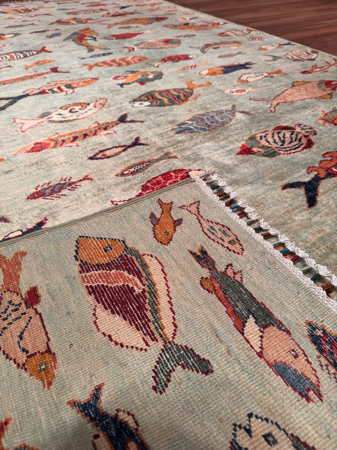 Balık Orijinal El Dokuması Yeşil Kök Boya Yün Halı 171x232 3.97 Metrekare - 6x8 ft