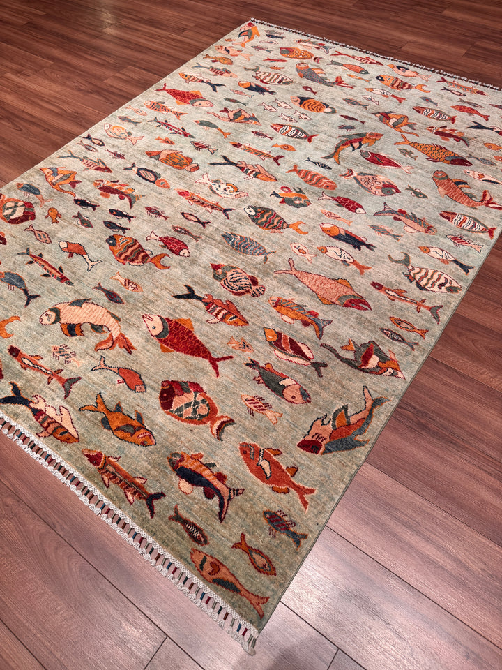 Balık Orijinal El Dokuması Yeşil Kök Boya Yün Halı 171x232 3.97 Metrekare - 6x8 ft