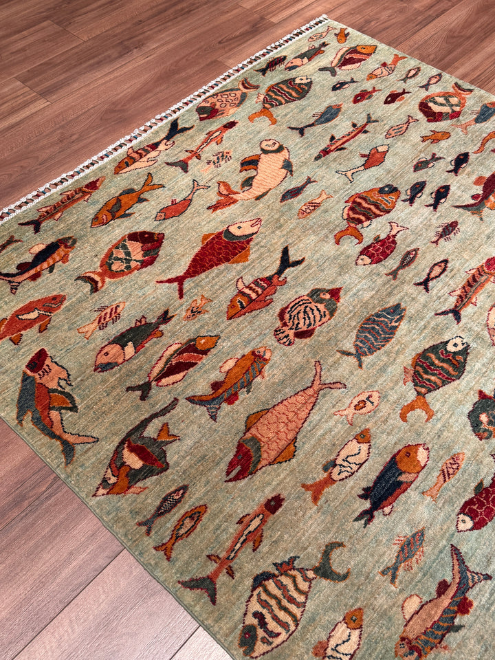 Balık Orijinal El Dokuması Yeşil Kök Boya Yün Halı 171x232 3.97 Metrekare - 6x8 ft