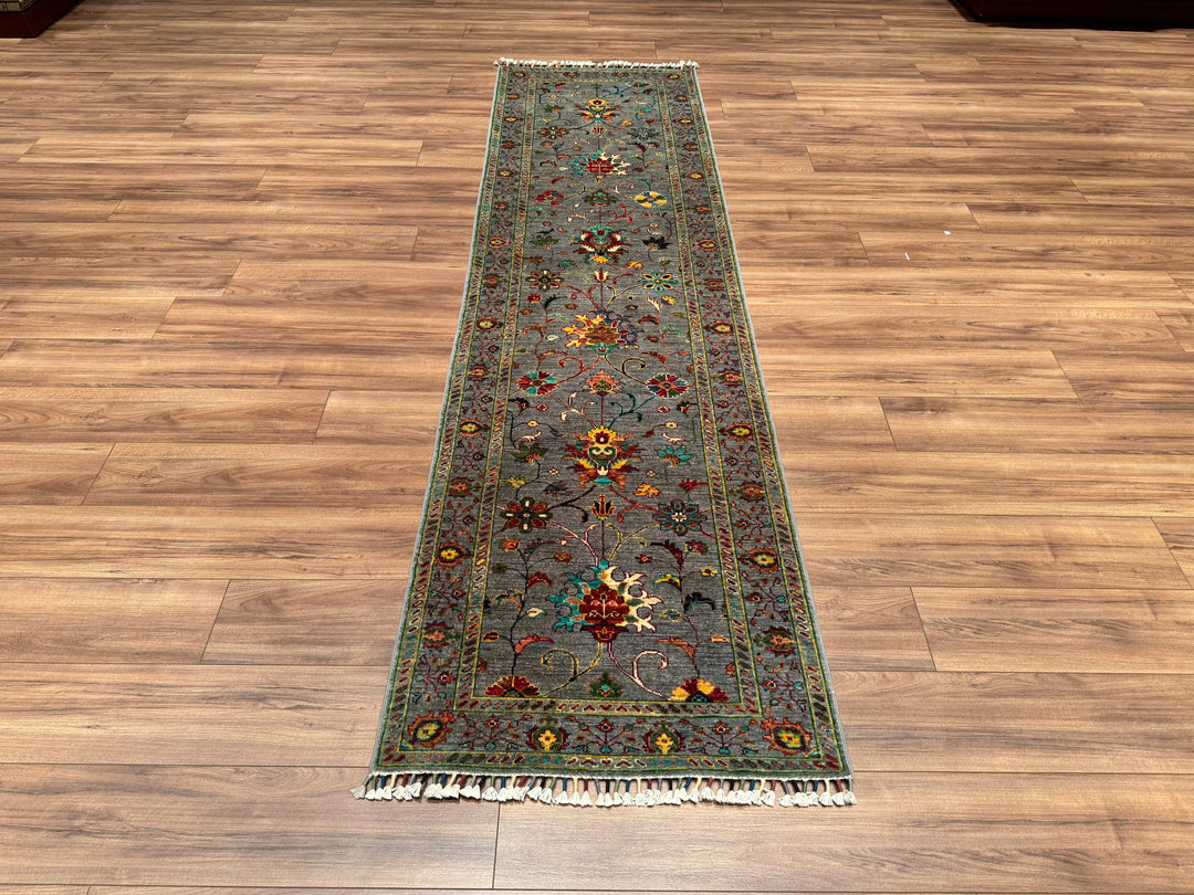 Sultani Floral Long Runner Original Hand Woven Gray Vegetable Dyed Wool Carpet 0.78x306 Square Meters - 2x10 ft