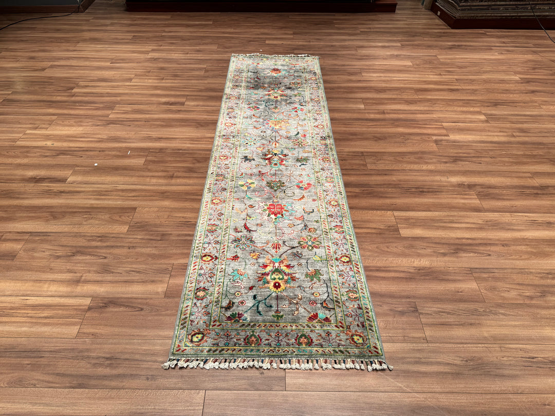 Sultani Floral Long Runner Original Hand Woven Gray Vegetable Dyed Wool Carpet 0.78x306 Square Meters - 2x10 ft