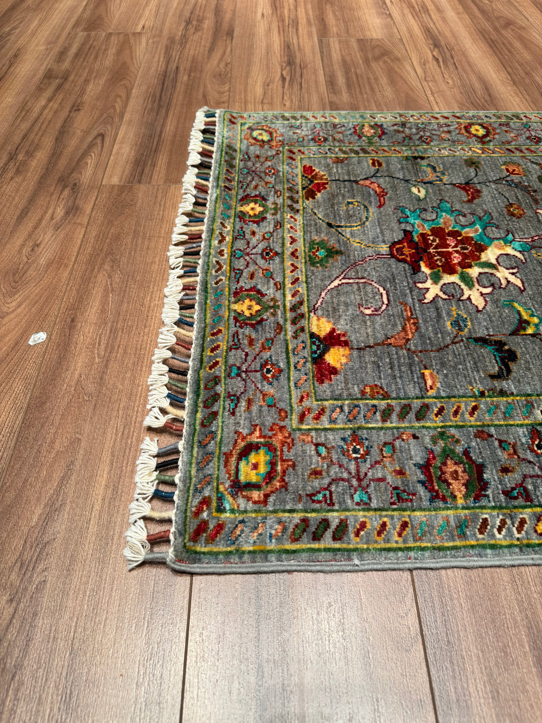 Sultani Floral Long Runner Original Hand Woven Gray Vegetable Dyed Wool Carpet 0.78x306 Square Meters - 2x10 ft