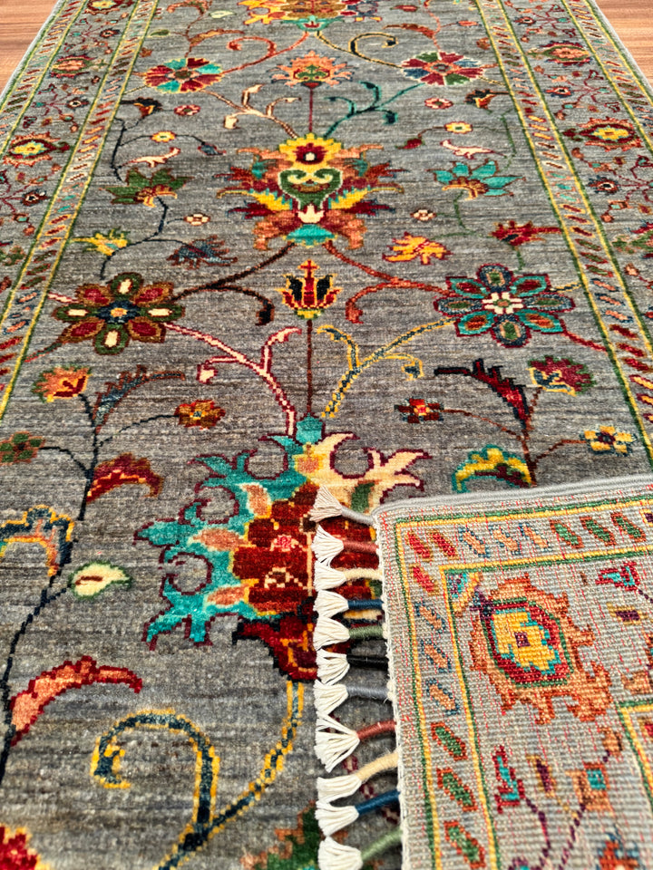 Sultani Floral Long Runner Original Hand Woven Gray Vegetable Dyed Wool Carpet 0.78x306 Square Meters - 2x10 ft