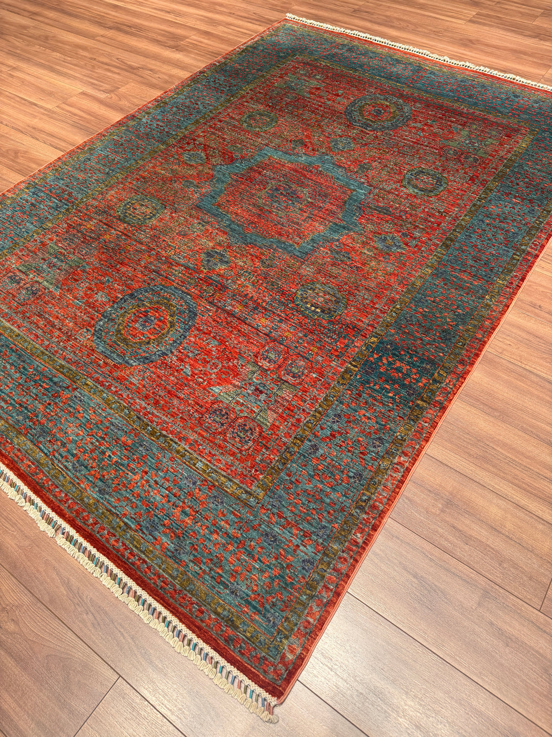 Memlük Orijinal El Dokuması Kiremit Mavi Kök Boya Yün Halı 178x248 4.41 Metrekare - 5x8 ft