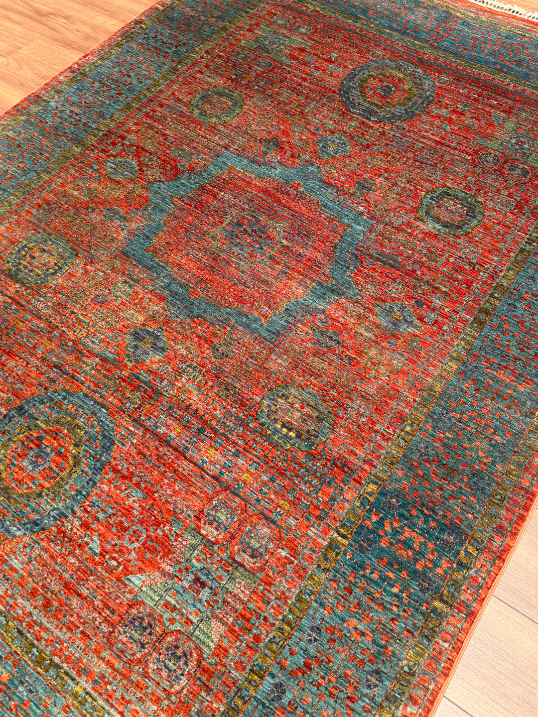 Memlük Orijinal El Dokuması Kiremit Mavi Kök Boya Yün Halı 178x248 4.41 Metrekare - 5x8 ft