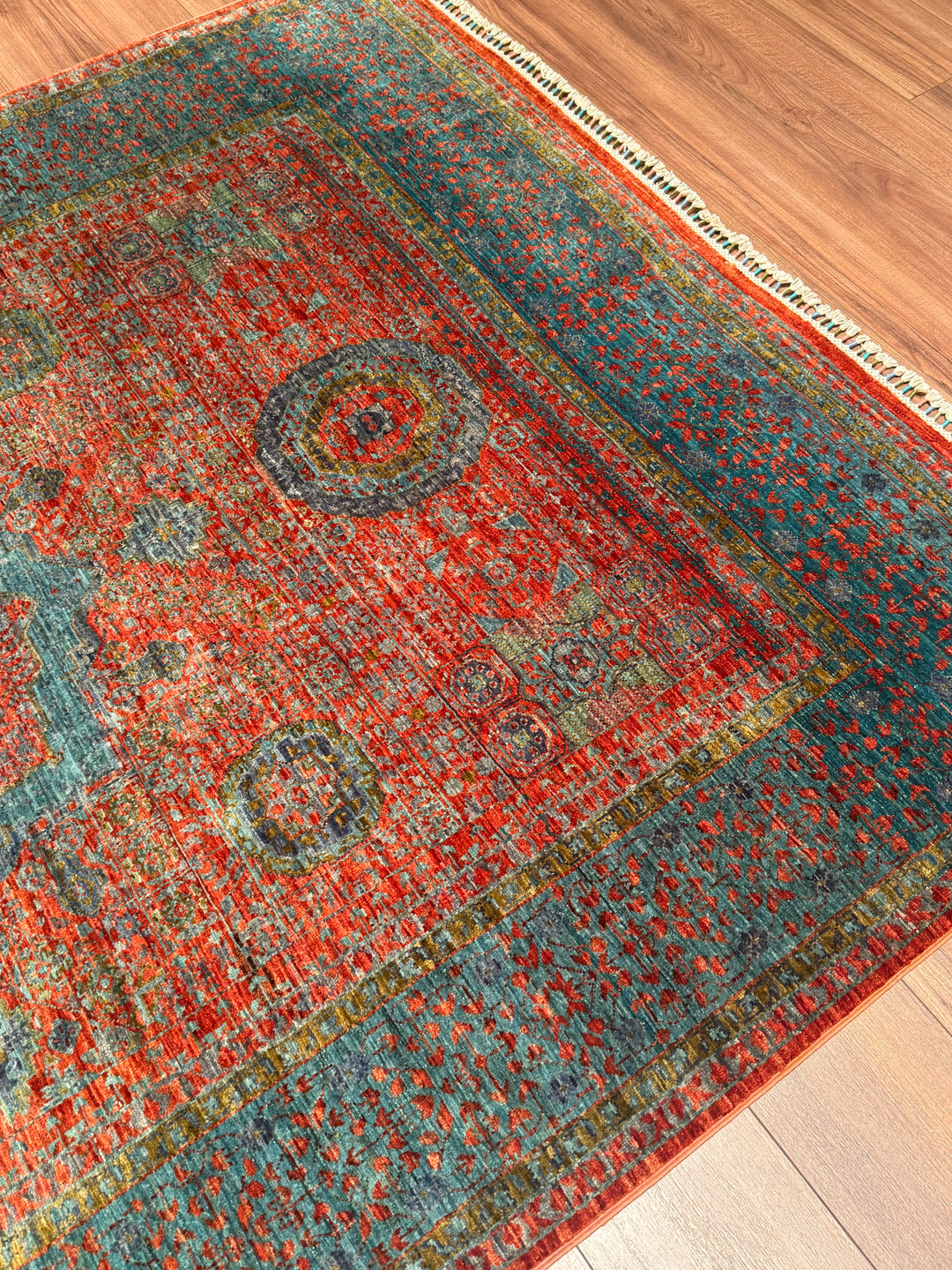 Memlük Orijinal El Dokuması Kiremit Mavi Kök Boya Yün Halı 178x248 4.41 Metrekare - 5x8 ft