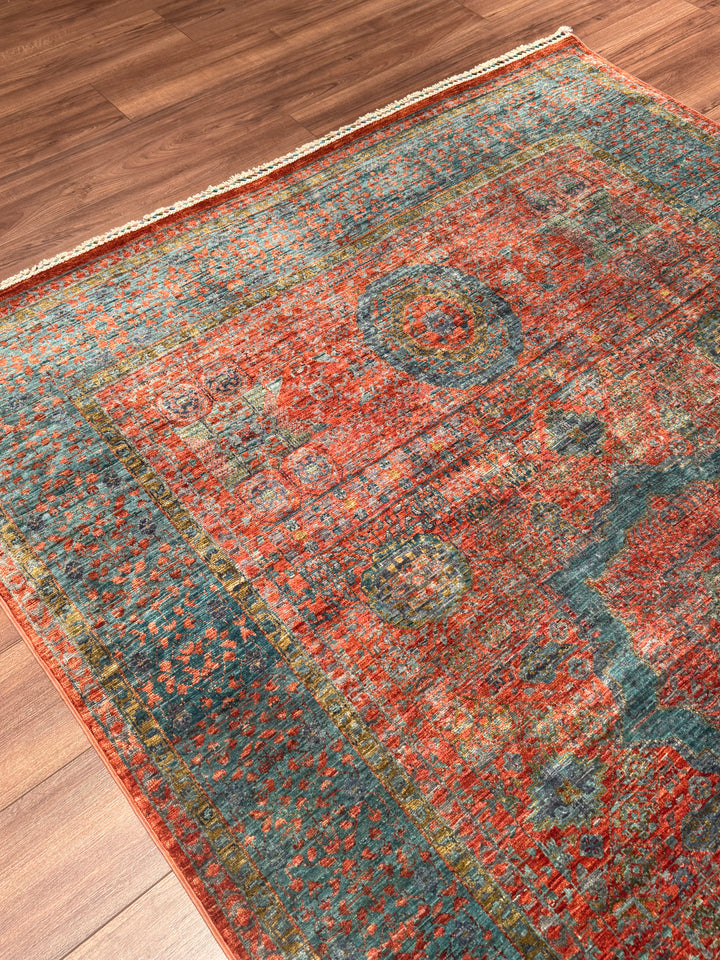 Memlük Orijinal El Dokuması Kiremit Mavi Kök Boya Yün Halı 178x248 4.41 Metrekare - 5x8 ft