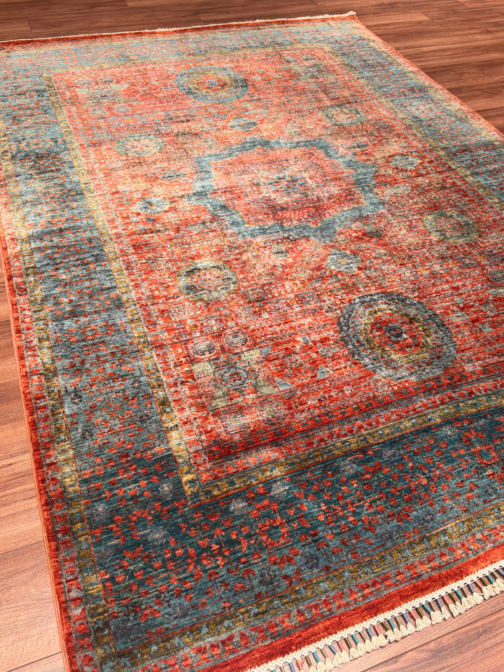 Memlük Orijinal El Dokuması Kiremit Mavi Kök Boya Yün Halı 178x248 4.41 Metrekare - 5x8 ft