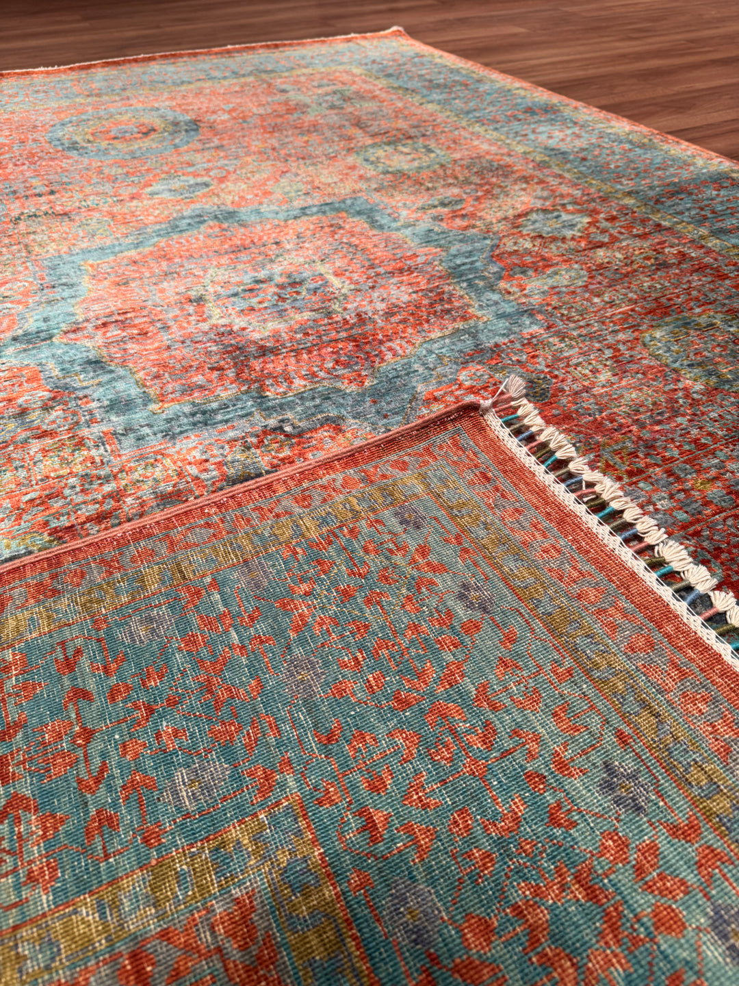 Memlük Orijinal El Dokuması Kiremit Mavi Kök Boya Yün Halı 178x248 4.41 Metrekare - 5x8 ft