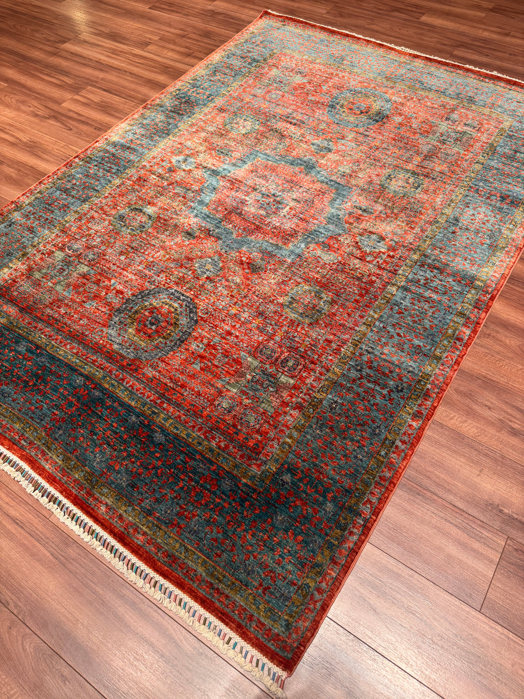 Memlük Orijinal El Dokuması Kiremit Mavi Kök Boya Yün Halı 178x248 4.41 Metrekare - 5x8 ft