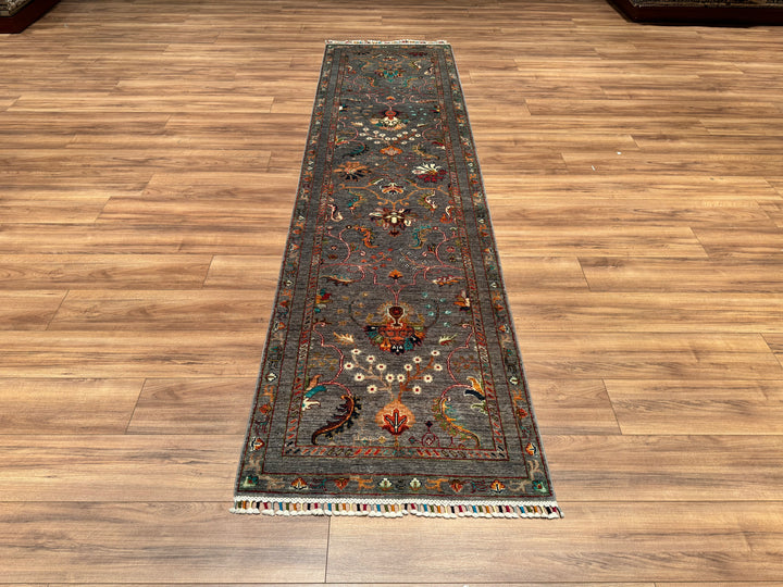 Sultani Floral Long Runner Original Hand Woven Gray Vegetable Dyed Wool Carpet 0.82x308 2.53 Square Meters - 2x10 ft