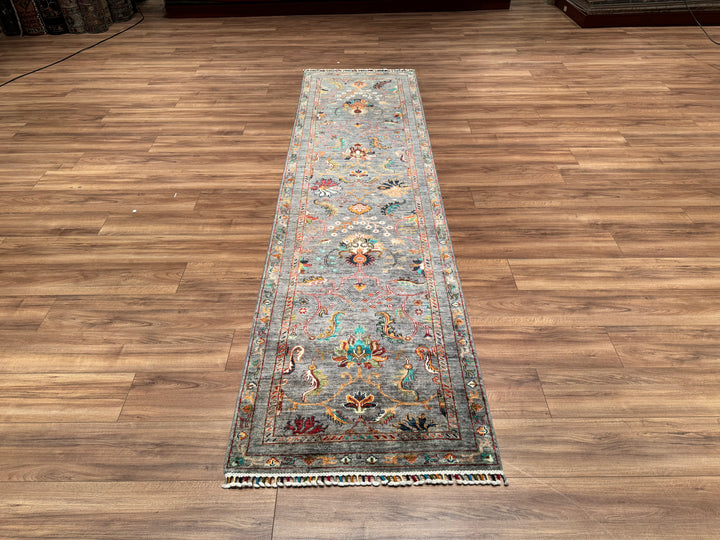 Sultani Floral Long Runner Original Hand Woven Gray Vegetable Dyed Wool Carpet 0.82x308 2.53 Square Meters - 2x10 ft