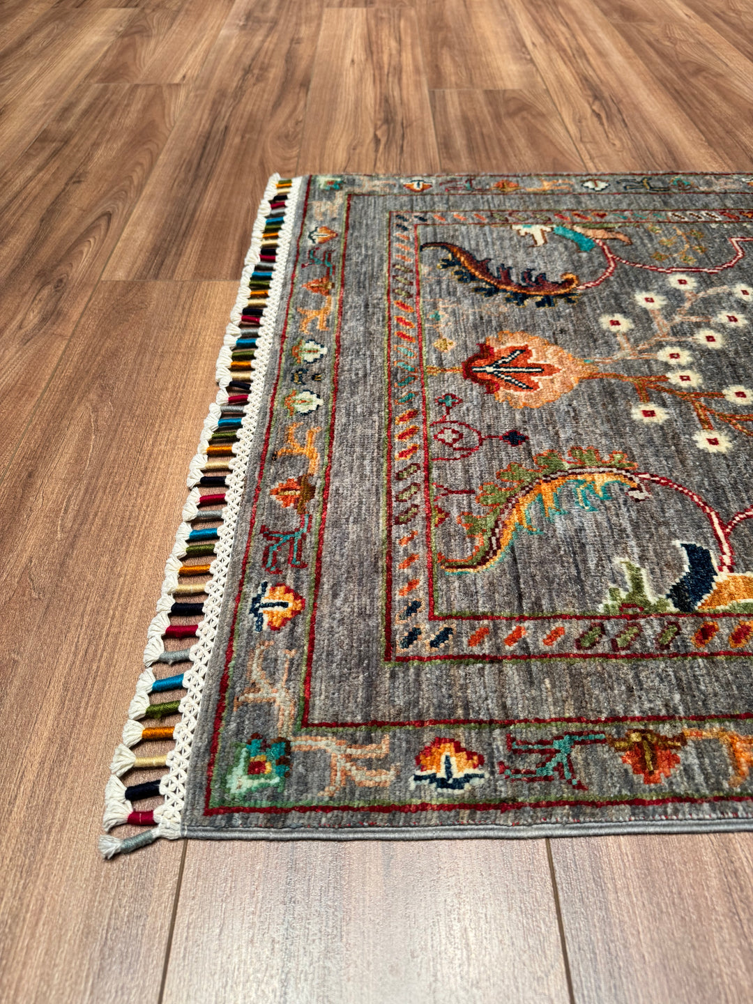 Sultani Floral Long Runner Original Hand Woven Gray Vegetable Dyed Wool Carpet 0.82x308 2.53 Square Meters - 2x10 ft