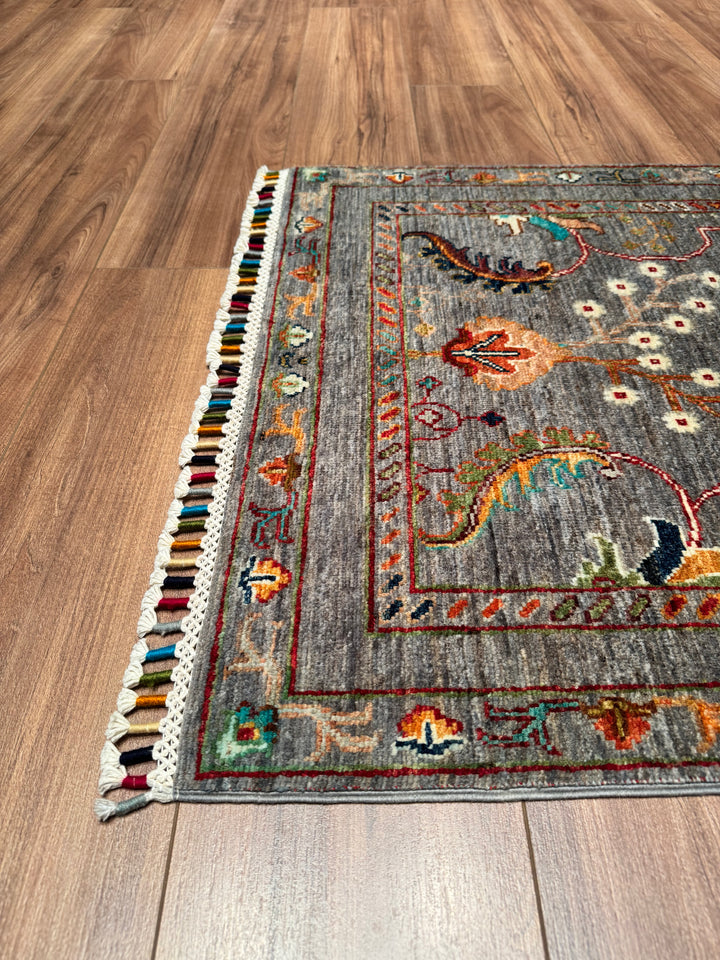 Sultani Floral Long Runner Original Hand Woven Gray Vegetable Dyed Wool Carpet 0.82x308 2.53 Square Meters - 2x10 ft