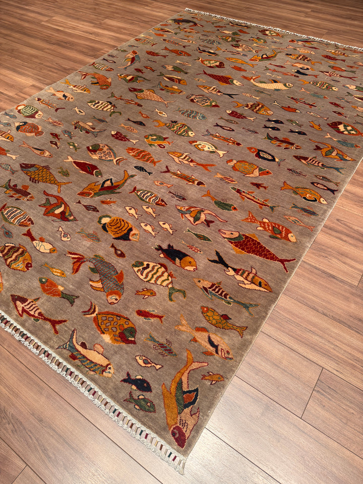 Balık Orijinal El Dokuması Gri Kök Boya Yün Halı 204x294 6 Metrekare - 7x10 ft