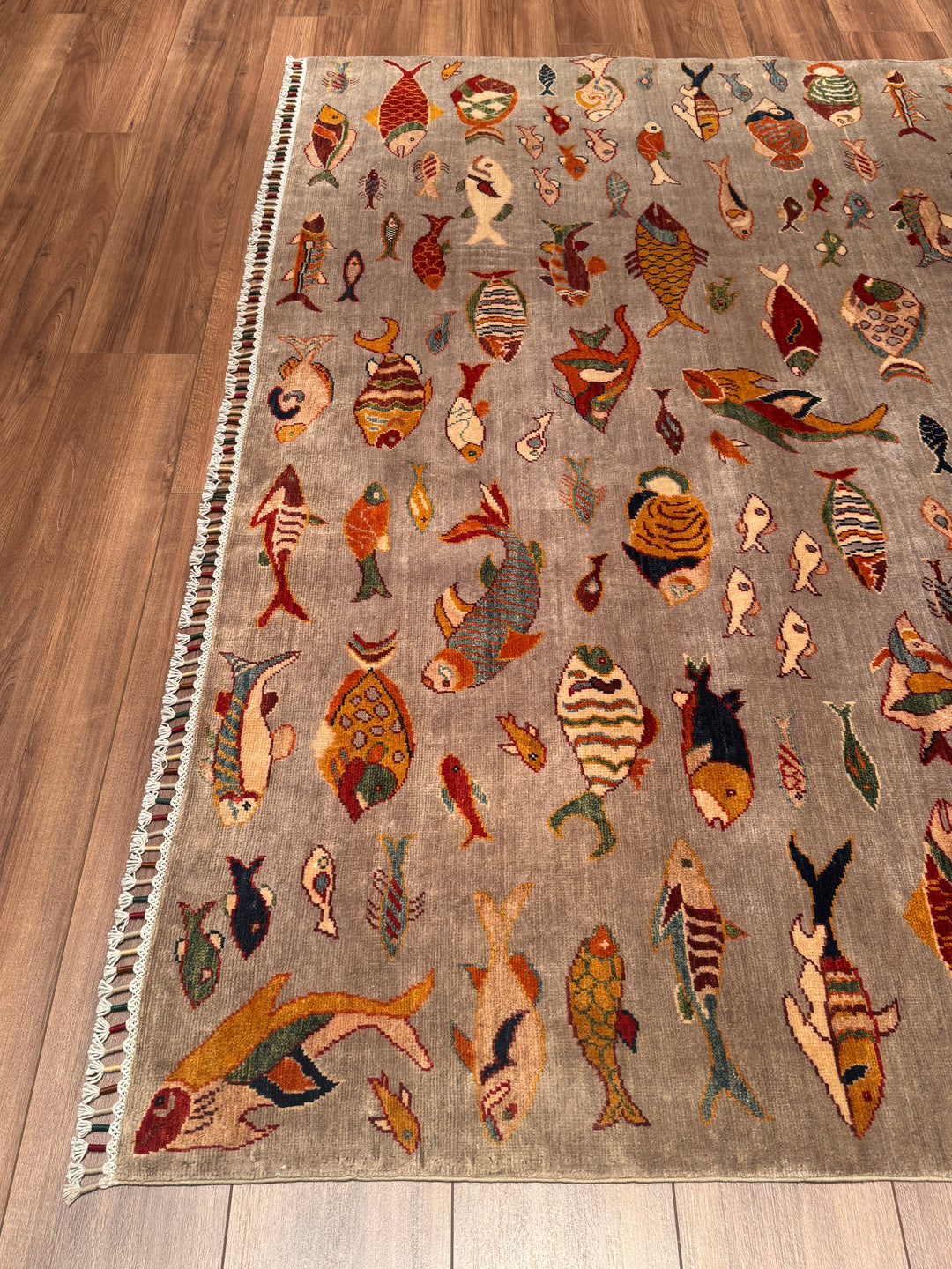 Balık Orijinal El Dokuması Gri Kök Boya Yün Halı 204x294 6 Metrekare - 7x10 ft