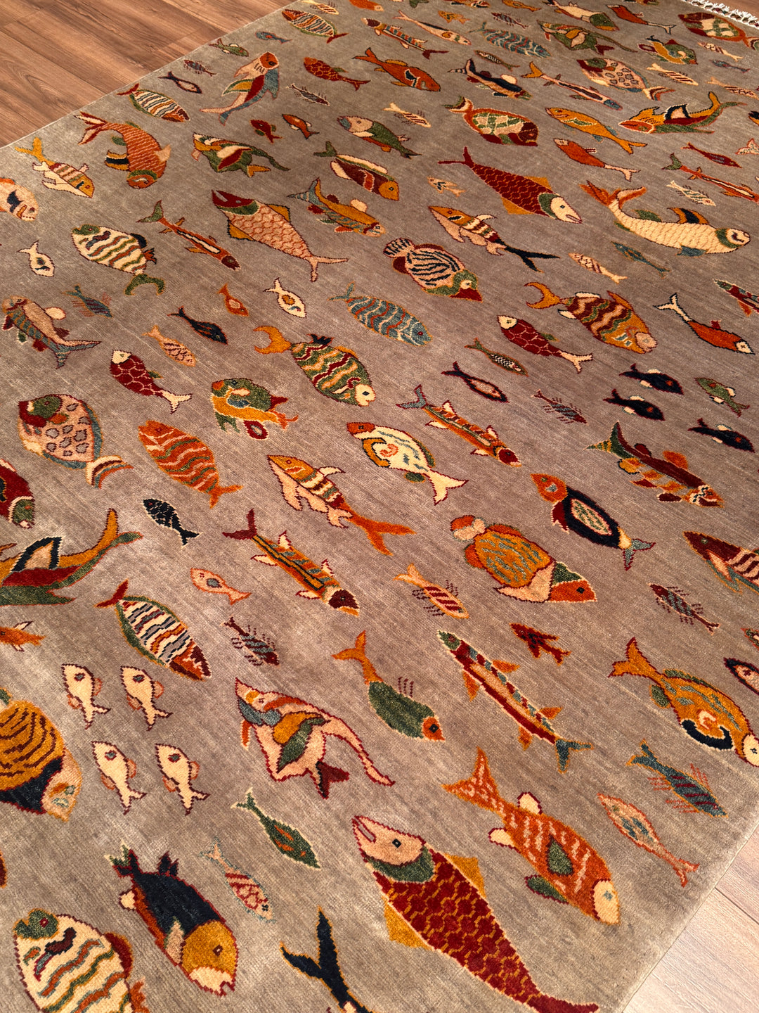 Balık Orijinal El Dokuması Gri Kök Boya Yün Halı 204x294 6 Metrekare - 7x10 ft