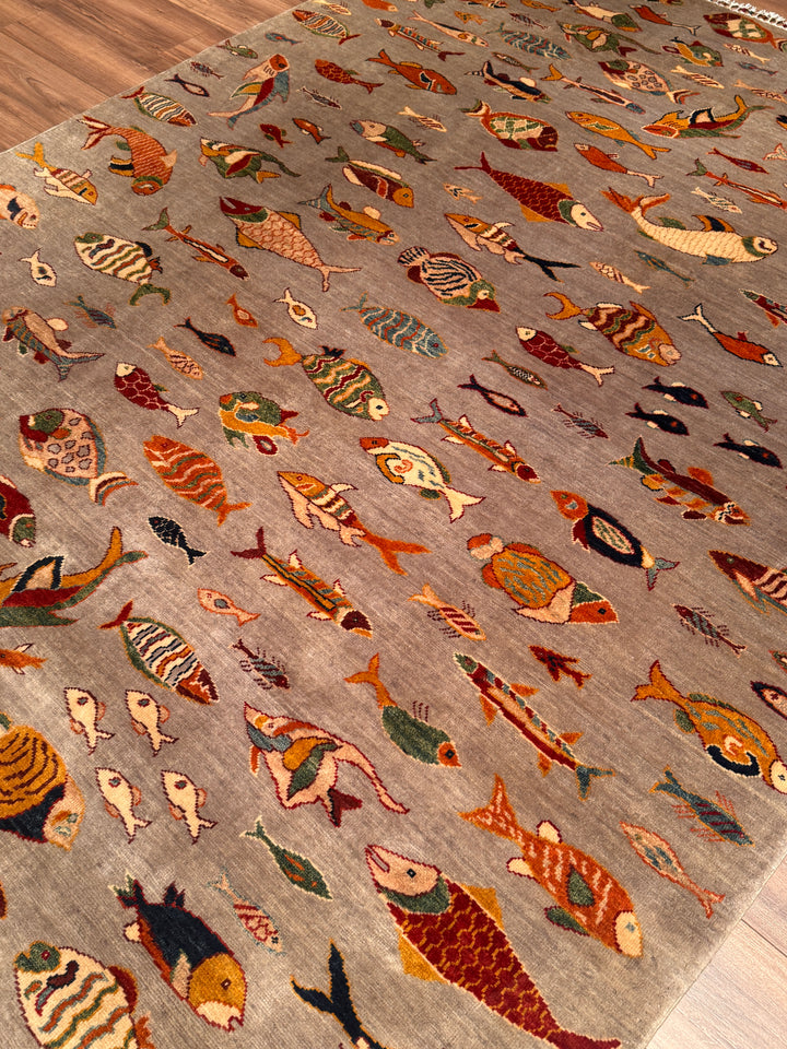 Balık Orijinal El Dokuması Gri Kök Boya Yün Halı 204x294 6 Metrekare - 7x10 ft