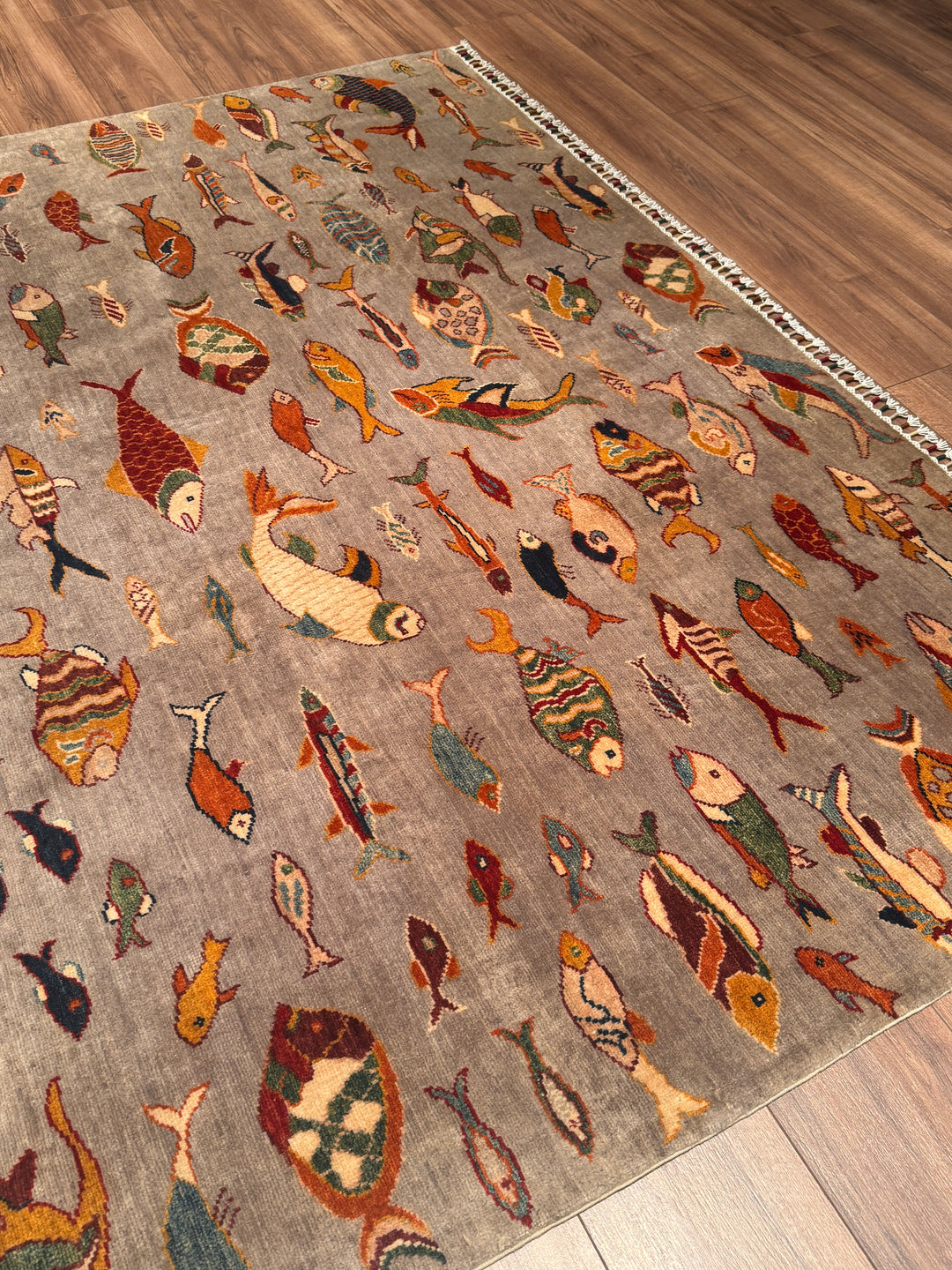 Balık Orijinal El Dokuması Gri Kök Boya Yün Halı 204x294 6 Metrekare - 7x10 ft