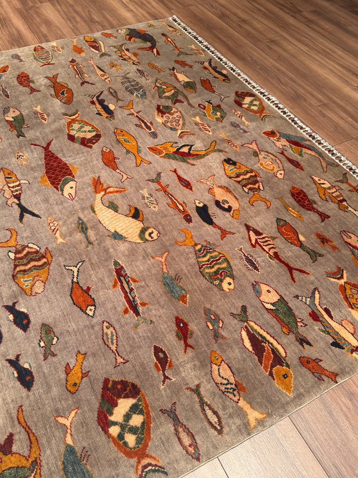 Balık Orijinal El Dokuması Gri Kök Boya Yün Halı 204x294 6 Metrekare - 7x10 ft