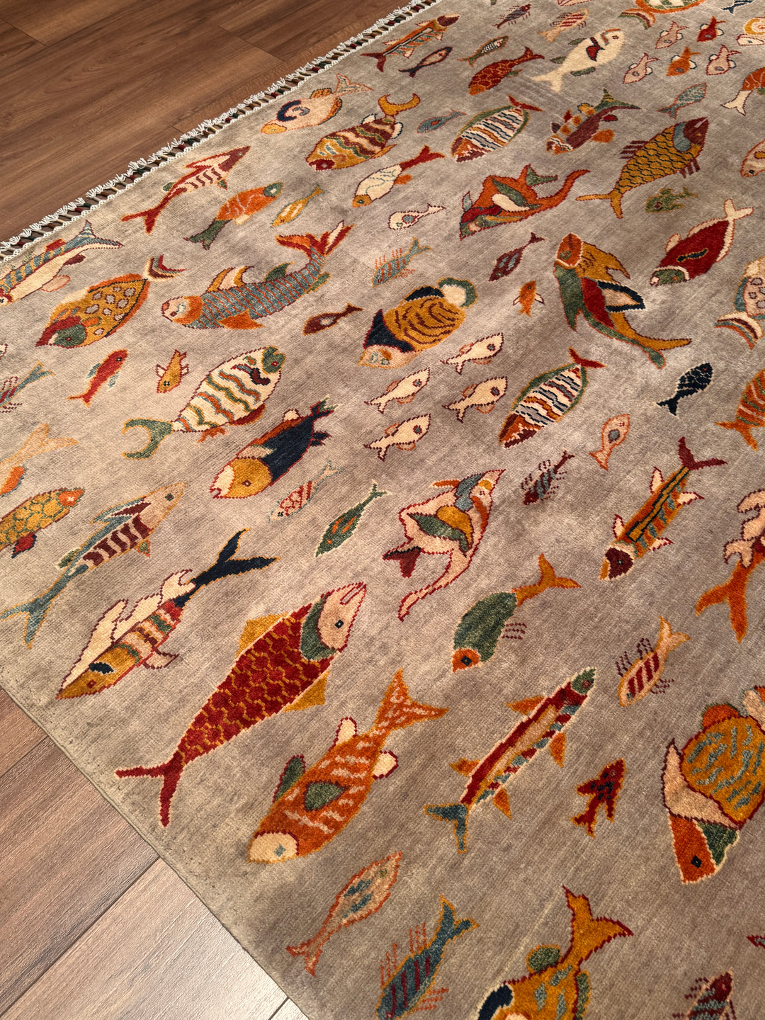 Balık Orijinal El Dokuması Gri Kök Boya Yün Halı 204x294 6 Metrekare - 7x10 ft