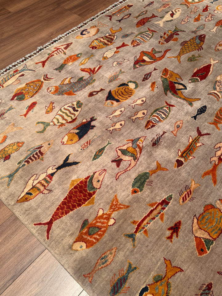 Balık Orijinal El Dokuması Gri Kök Boya Yün Halı 204x294 6 Metrekare - 7x10 ft