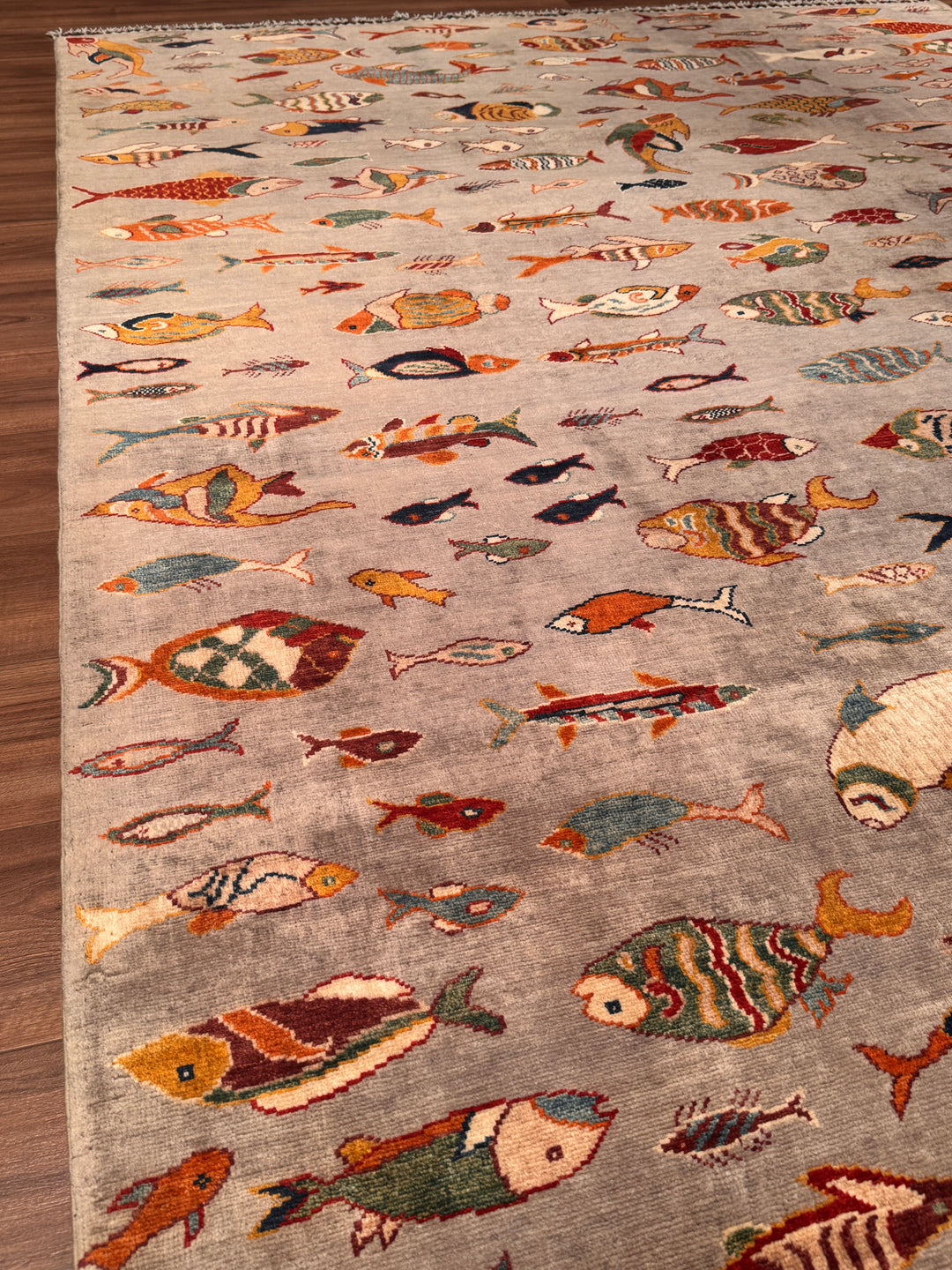 Balık Orijinal El Dokuması Gri Kök Boya Yün Halı 204x294 6 Metrekare - 7x10 ft