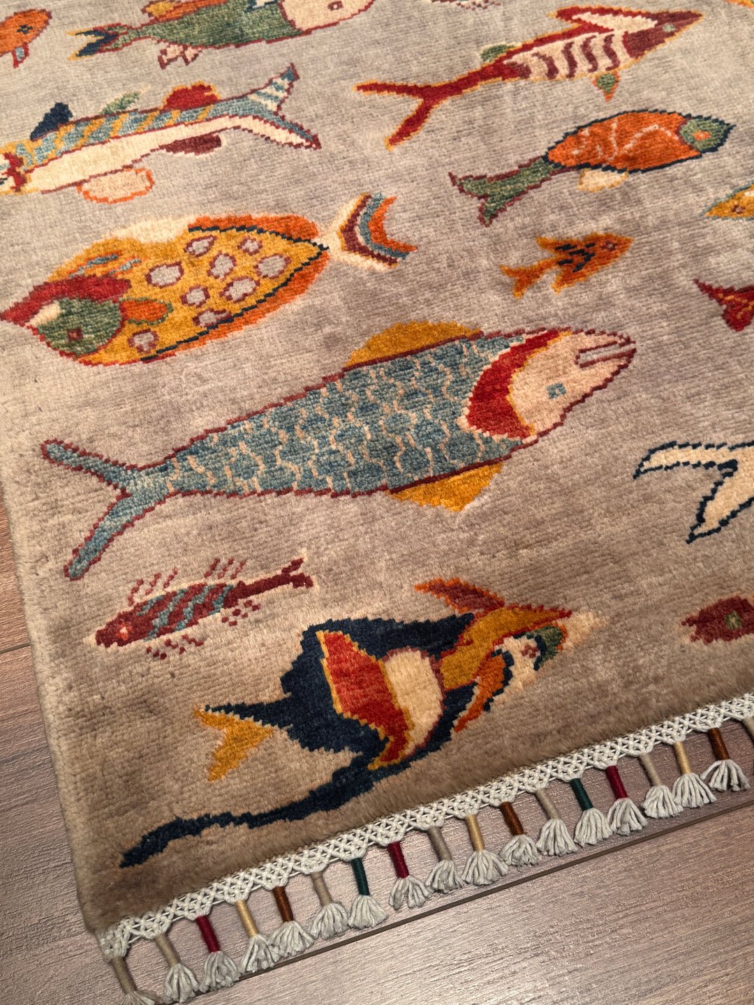 Balık Orijinal El Dokuması Gri Kök Boya Yün Halı 204x294 6 Metrekare - 7x10 ft