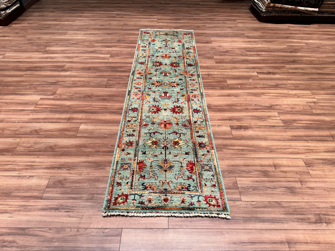 Sultani Floral Long Runner Original Hand Woven Turquoise Vegetable Dyed Wool Carpet 0.84x302 2.54 Square Meters - 2x10 ft