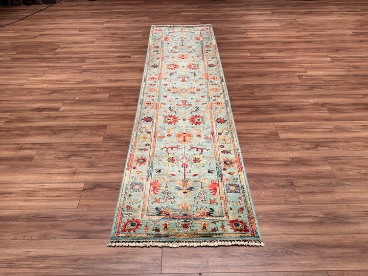 Sultani Floral Long Runner Original Hand Woven Turquoise Vegetable Dyed Wool Carpet 0.84x302 2.54 Square Meters - 2x10 ft