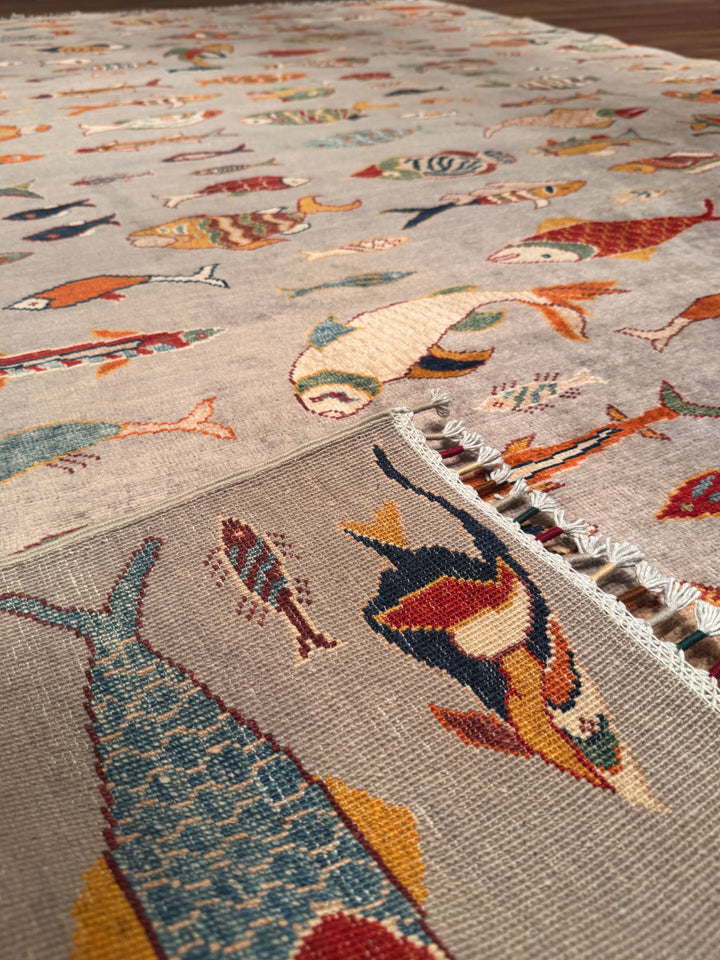 Balık Orijinal El Dokuması Gri Kök Boya Yün Halı 204x294 6 Metrekare - 7x10 ft