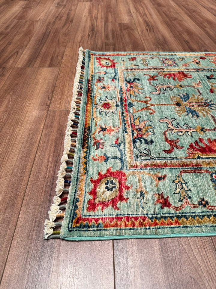 Sultani Floral Long Runner Original Hand Woven Turquoise Vegetable Dyed Wool Carpet 0.84x302 2.54 Square Meters - 2x10 ft