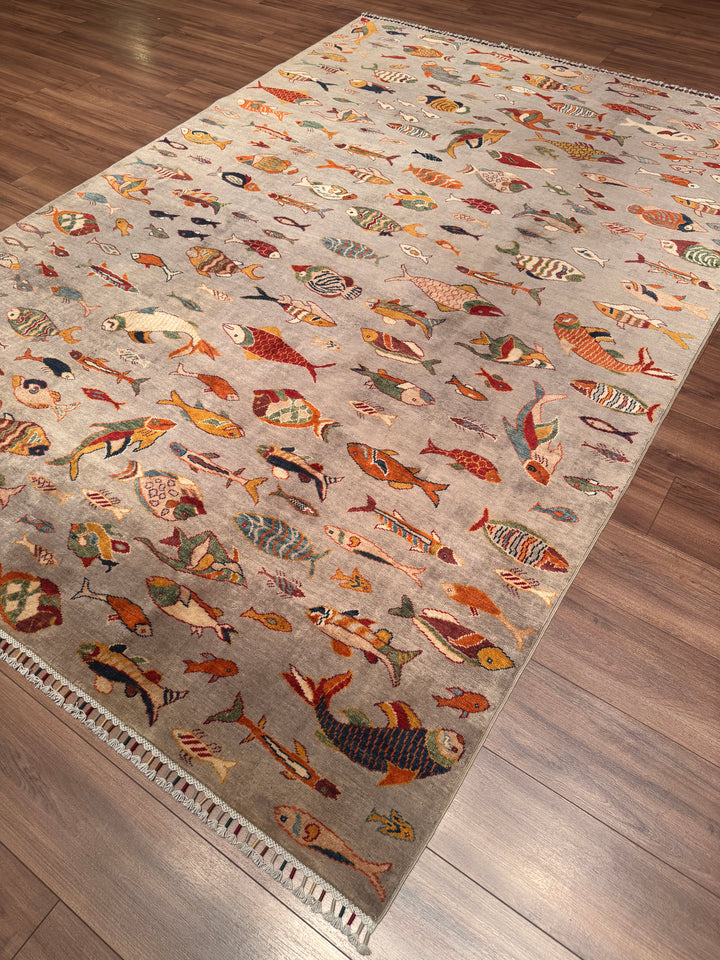 Balık Orijinal El Dokuması Gri Kök Boya Yün Halı 204x294 6 Metrekare - 7x10 ft