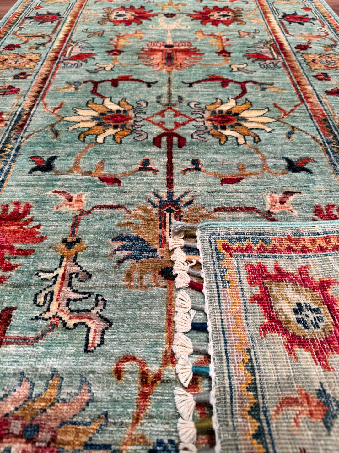 Sultani Floral Long Runner Original Hand Woven Turquoise Vegetable Dyed Wool Carpet 0.84x302 2.54 Square Meters - 2x10 ft