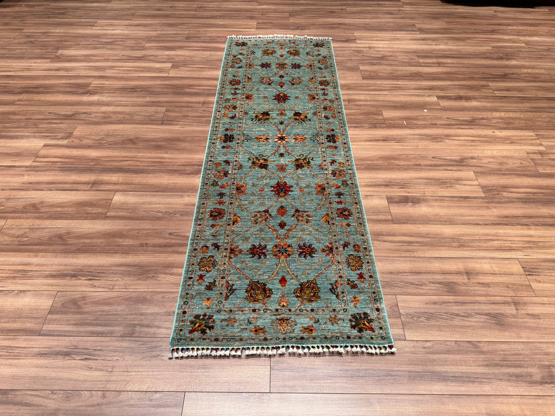 Sultani Binbirgece Runner Original Hand Woven Turquoise Vegetable Dyed Wool Carpet 0.84x257 2.16 Square Meters - 2x8 ft