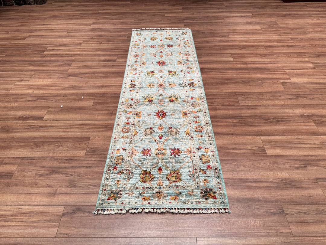 Sultani Binbirgece Runner Original Hand Woven Turquoise Vegetable Dyed Wool Carpet 0.84x257 2.16 Square Meters - 2x8 ft