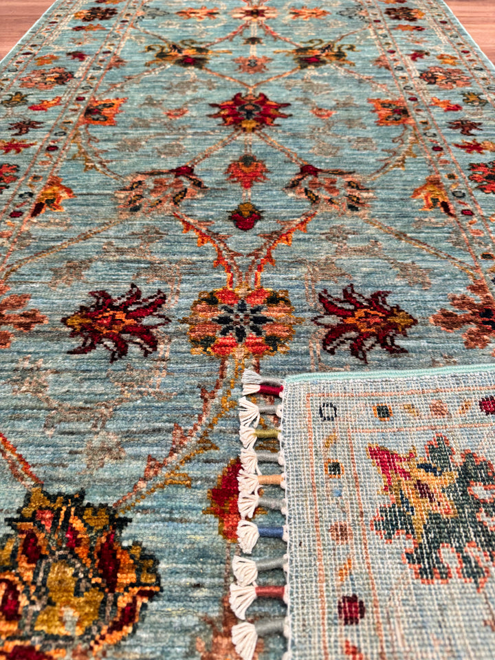 Sultani Binbirgece Runner Original Hand Woven Turquoise Vegetable Dyed Wool Carpet 0.84x257 2.16 Square Meters - 2x8 ft