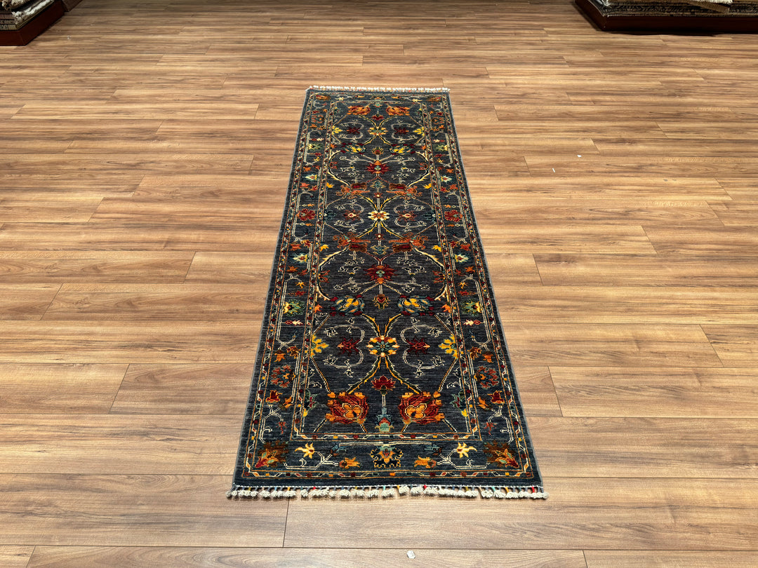 Sultani Binbirgece Runner Original Hand Woven Anthracite Vegetable Dyed Wool Carpet 0.84x251 2.11 Square Meters - 2x8 ft