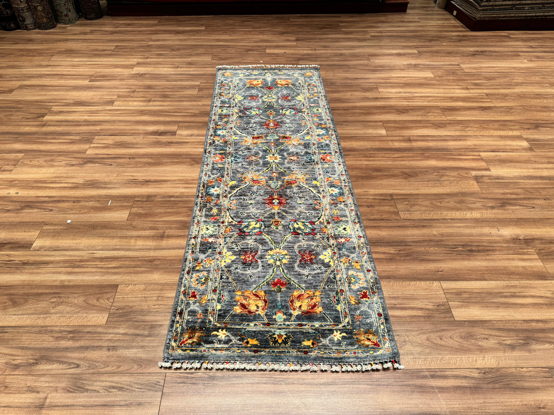 Sultani Binbirgece Runner Original Hand Woven Anthracite Vegetable Dyed Wool Carpet 0.84x251 2.11 Square Meters - 2x8 ft