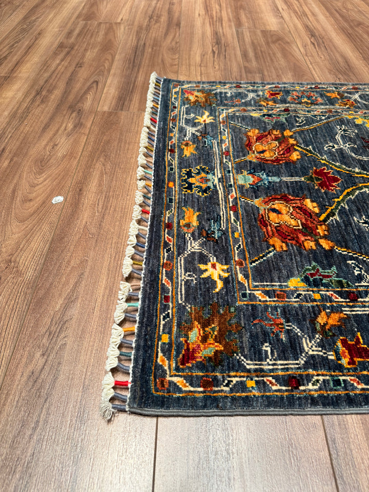 Sultani Binbirgece Runner Original Hand Woven Anthracite Vegetable Dyed Wool Carpet 0.84x251 2.11 Square Meters - 2x8 ft