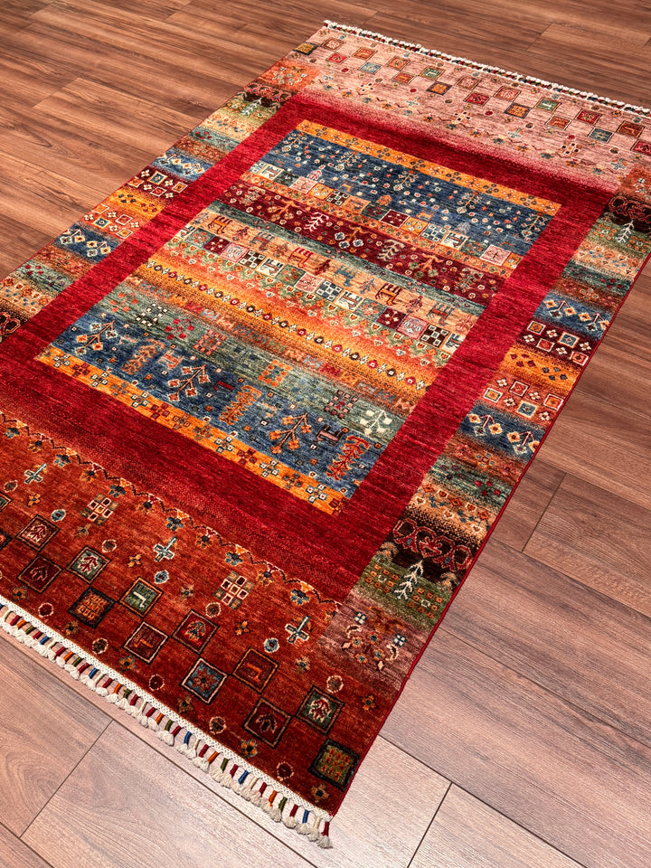 Khorjin Gabbe Desenli Orijinal El Dokuması Kırmızı Kök Boya Yün Halı 121x187 2.26 Metrekare - 4x6 ft