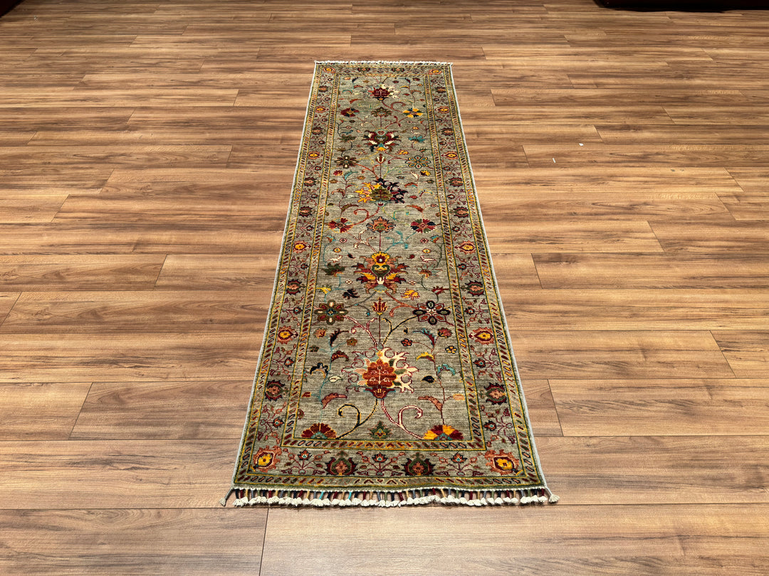 Sultani Floral Runner Original Hand Woven Gray Vegetable Dyed Wool Carpet 0.79x259 2.05 Square Meters - 2x8 ft