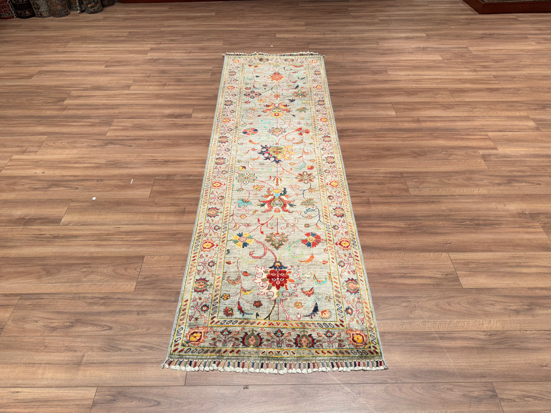 Sultani Floral Runner Original Hand Woven Gray Vegetable Dyed Wool Carpet 0.79x259 2.05 Square Meters - 2x8 ft