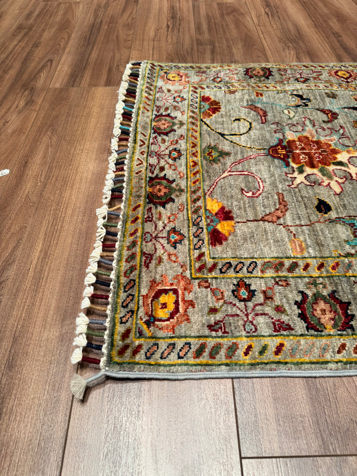 Sultani Floral Runner Original Hand Woven Gray Vegetable Dyed Wool Carpet 0.79x259 2.05 Square Meters - 2x8 ft