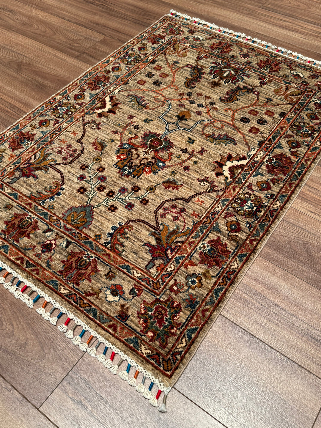 Sultani Binbirgece Original Hand-Woven Beige Vegetable Dyed Wool Carpet 0.89x126 1.12 Square Meters - 3x4 ft