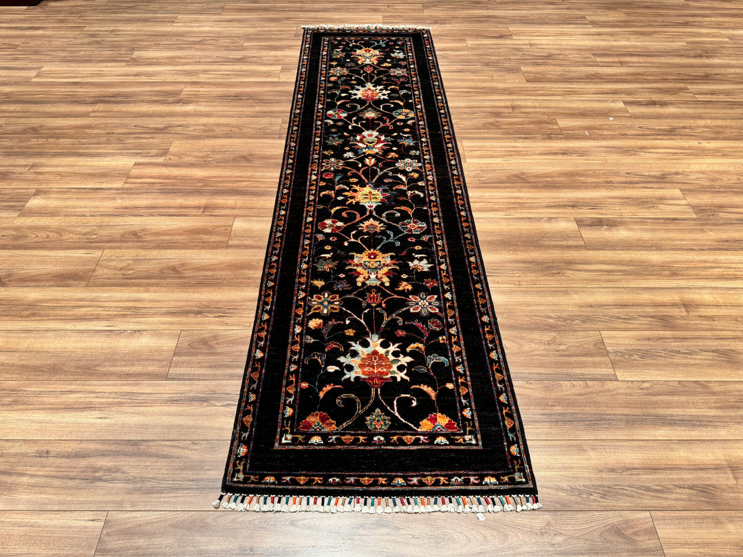 Sultani Floral Runner Original Hand Woven Black Vegetable Dyed Wool Carpet 0.81x298 2.41 Square Meters - 2x9 ft